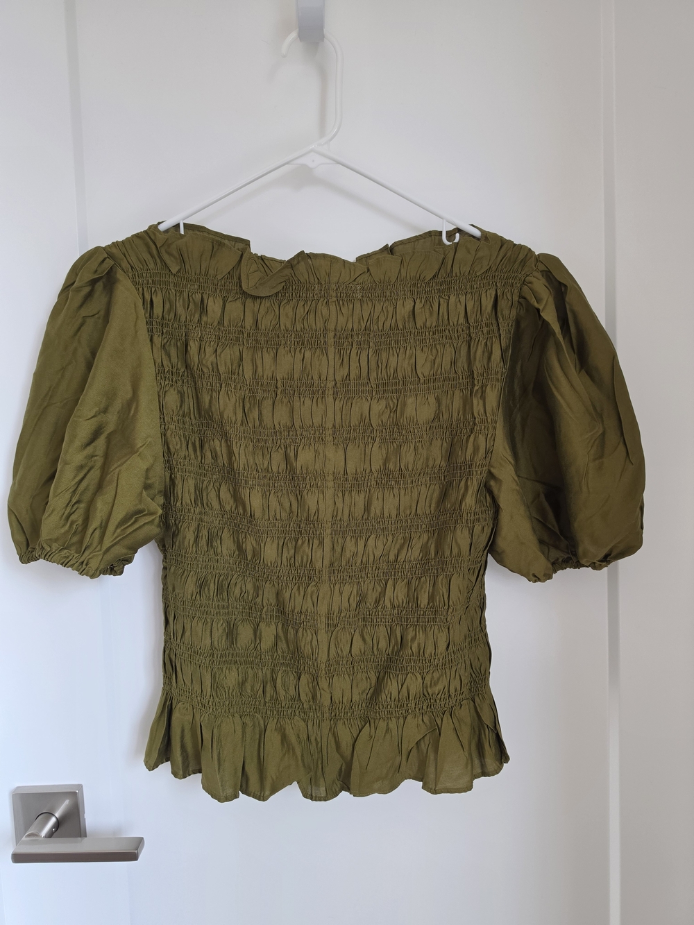 H&M Olive Green Smocked Puff Sleeve Blouse